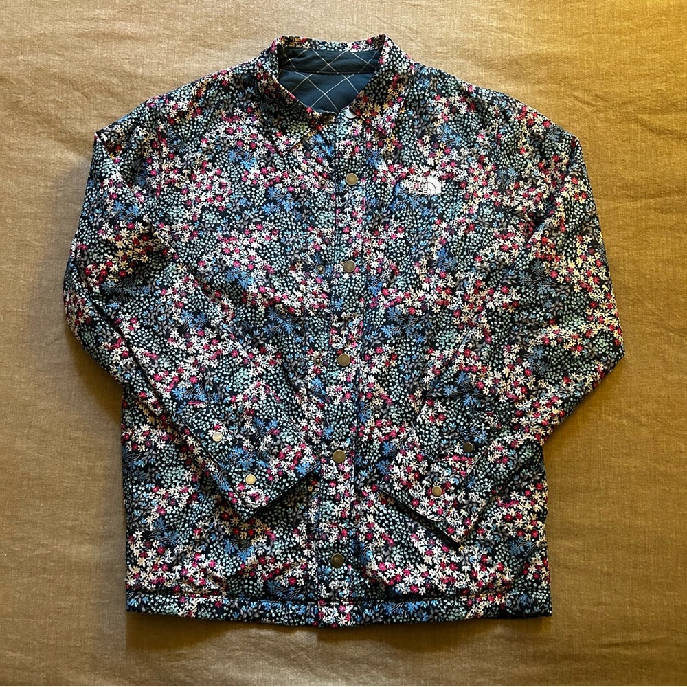 North Face reversible jacket, floral and plaid.